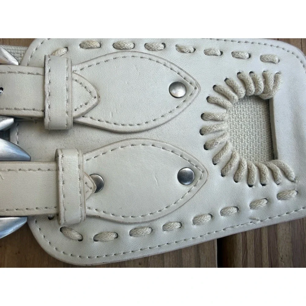 Vintage Y2K Wide Elastic & Leather Corset Cinch Belt Two Buckles White One Size